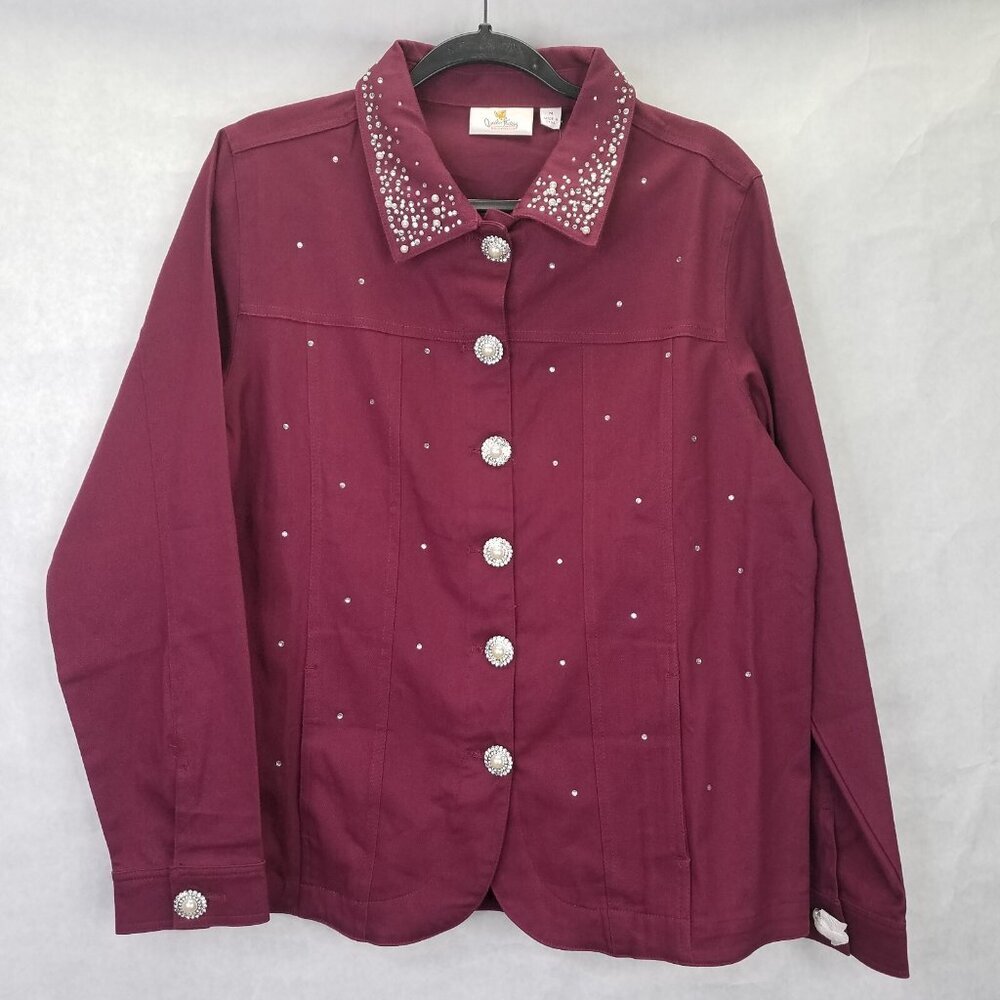Quacker Factory Jean Jacket Women's M Pearl Rhinestone Embellished Wine Red NEW